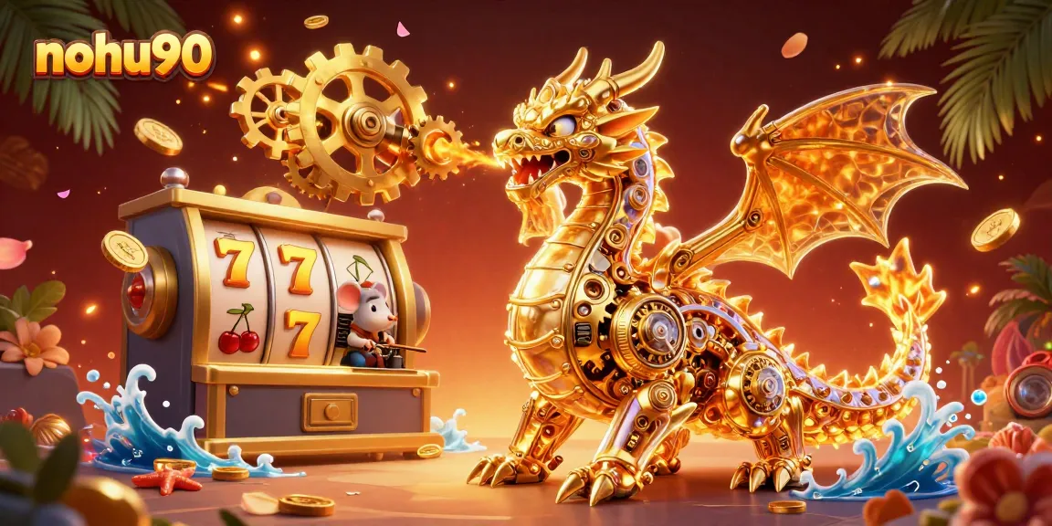 Nohu90 players enjoy slots with a dragon breathing gears in an exciting online casino scene.