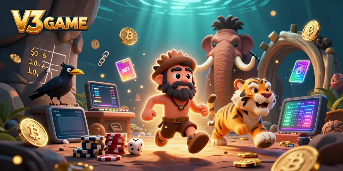 Play exciting games on V3 GAME with a caveman and sabertooth tiger duo in a prehistoric casino setting.