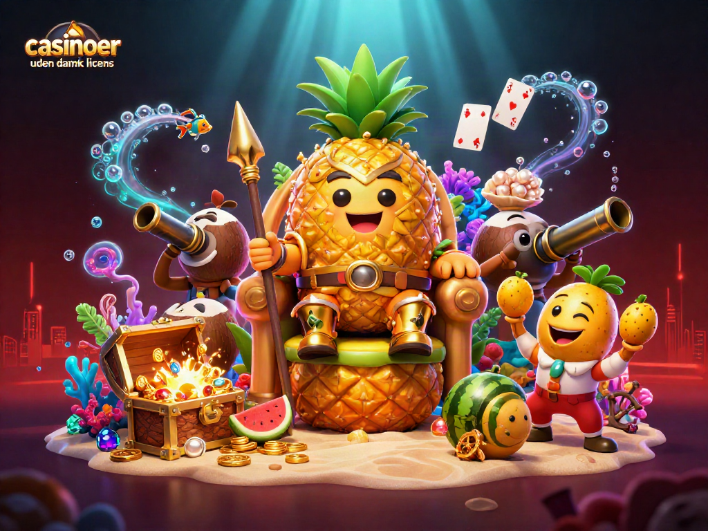Engaging scene of casinoer uden dansk licens with a vibrant pineapple king and beach elements.