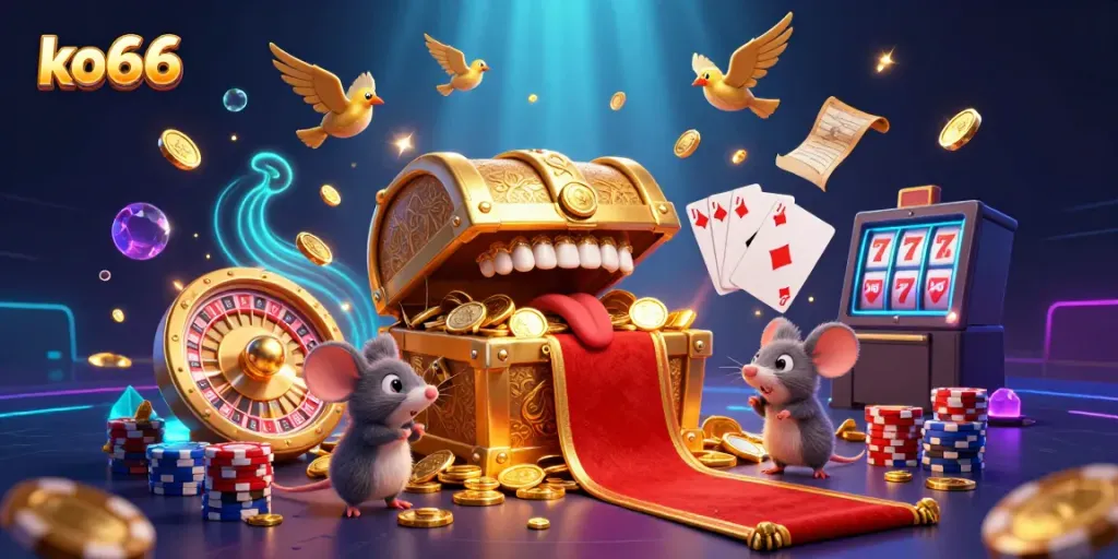 Spin and win at ko66 with a vibrant 3D treasure chest surrounded by golden coins and gaming elements.