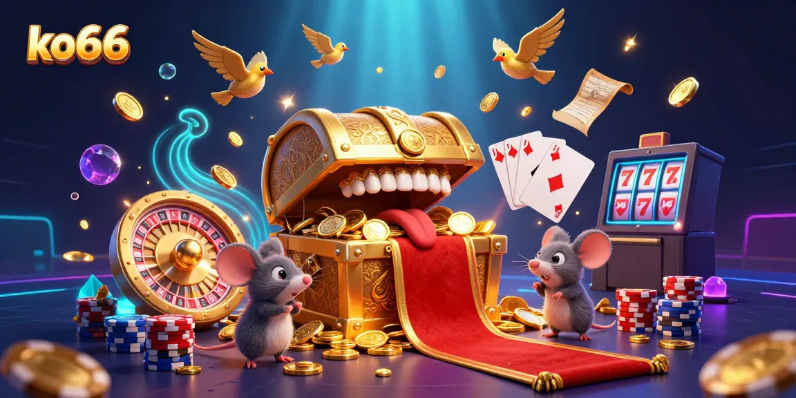 Spin and win at ko66 with a vibrant 3D treasure chest surrounded by golden coins and gaming elements.