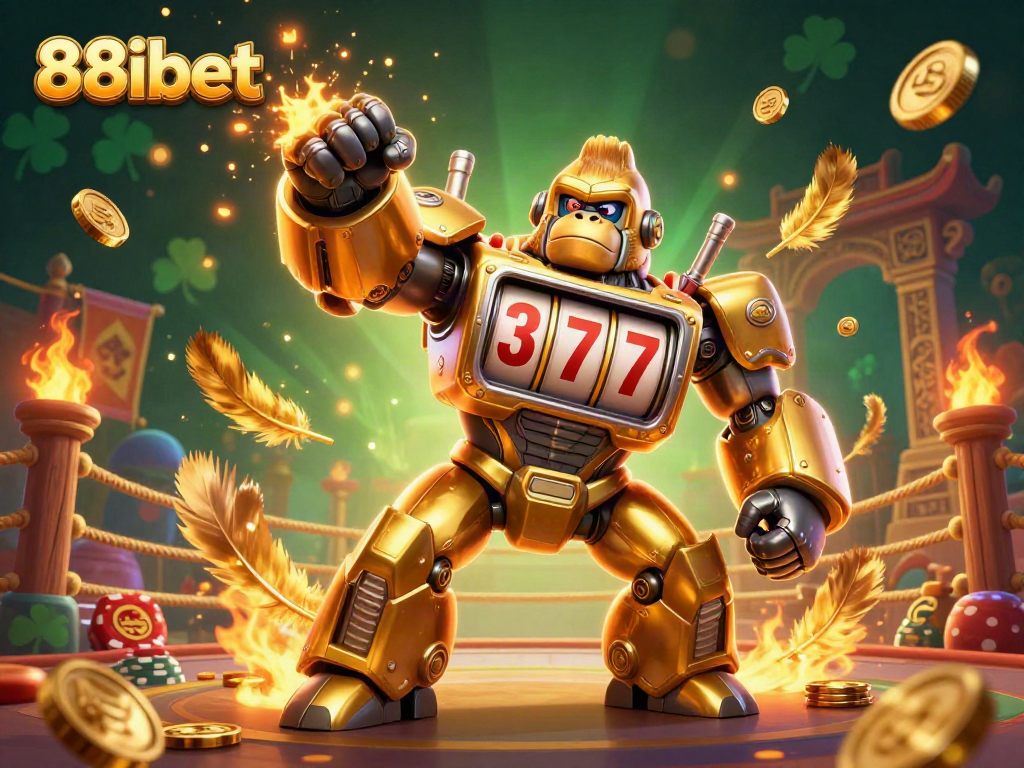 Experience the excitement of 88ibet with a dynamic golden gorilla mech punching coins in this vibrant 3D scene.