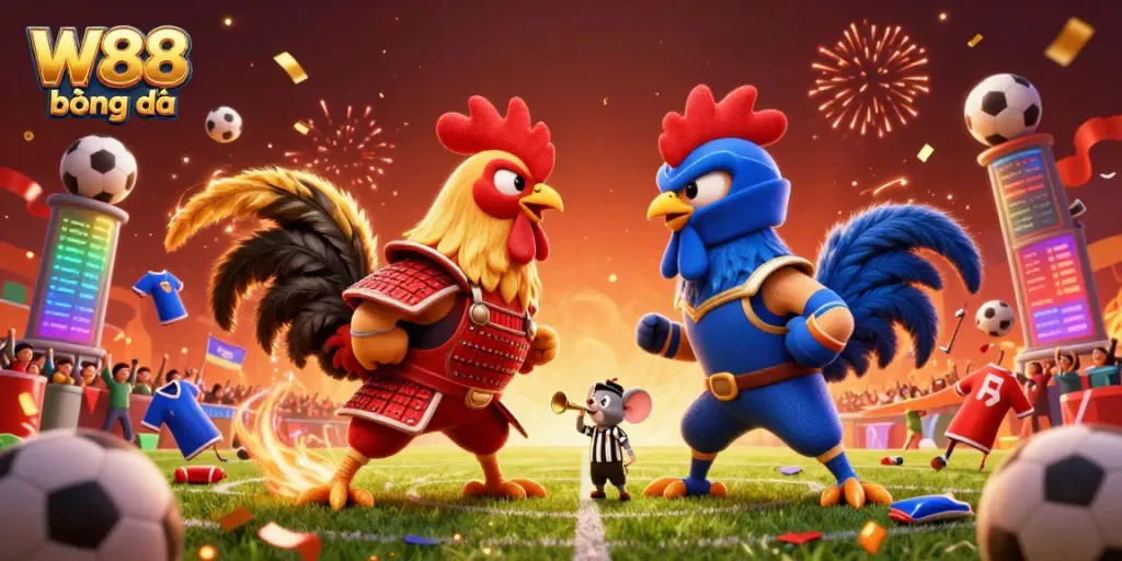 Unleash your luck with W88 bóng đá in an intense rooster showdown surrounded by football elements.