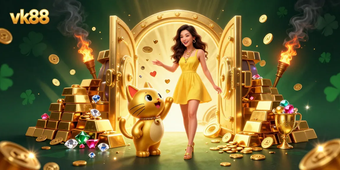 Play and win with vk88, a vibrant casino scene featuring a lucky charm and gold treasures.