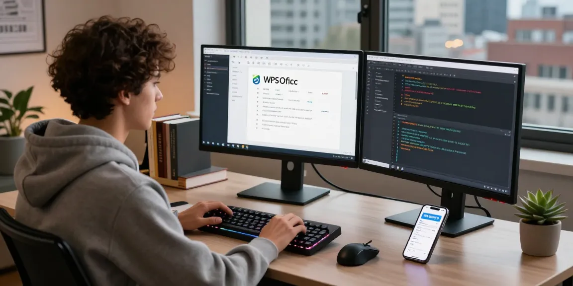 WPS Download showcased in a vibrant software workspace with dual monitors, coding tools, and a focused developer.