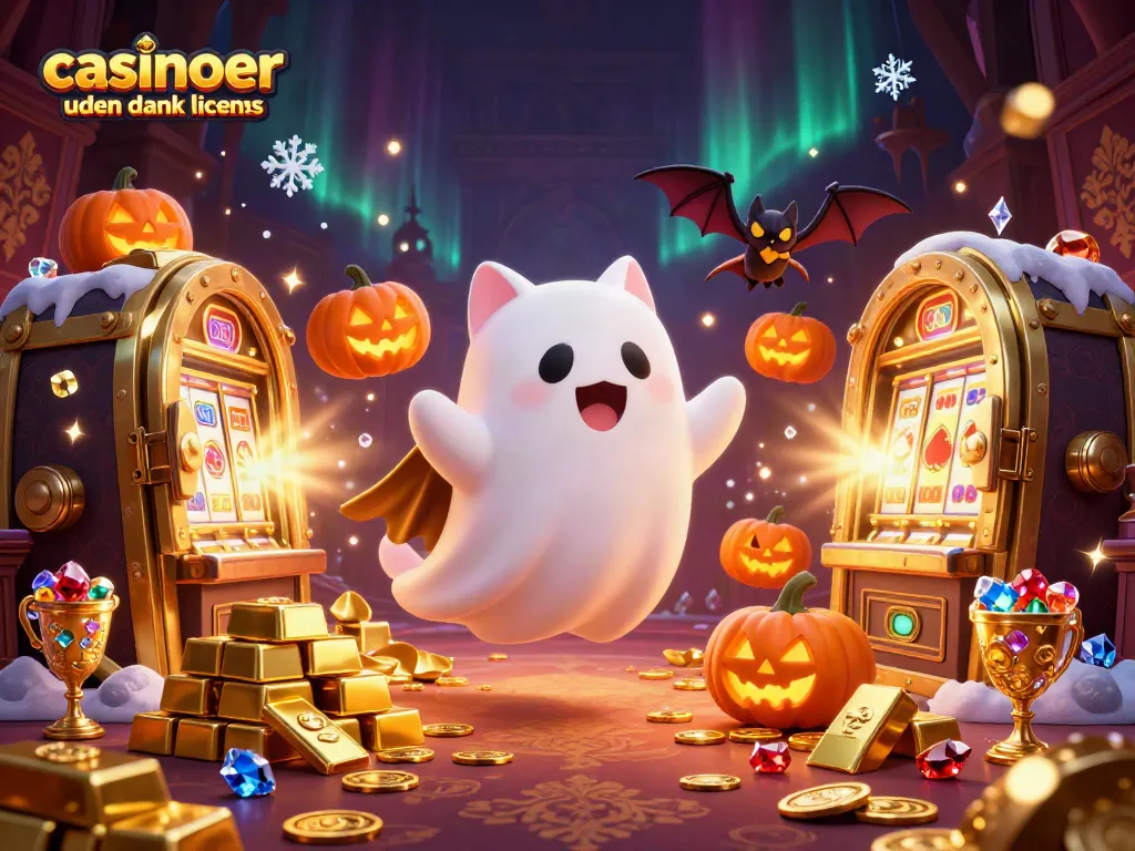 Engaging illustration celebrating casinoer uden dansk licens featuring a playful ghost cat and treasures.