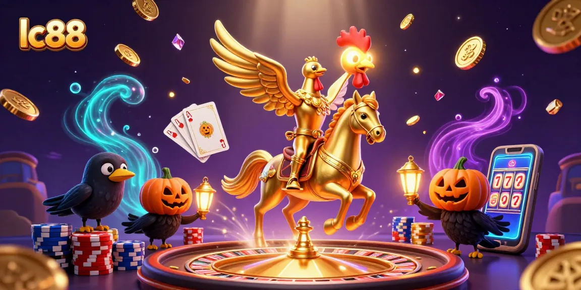 Win big at lc88 with a golden rooster and thrilling casino action in a vibrant midnight scene.