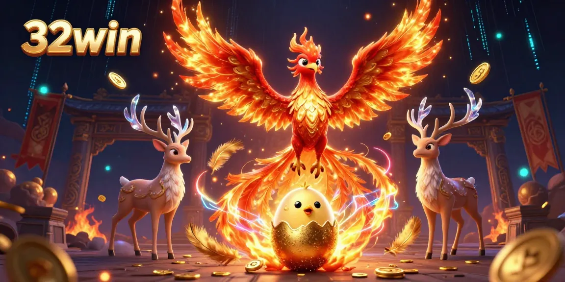 32win players engaging in thrilling casino games with vibrant phoenix and mystical stag.