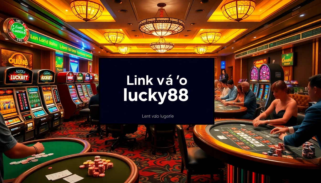 Link vào lucky88 action at a vibrant casino with tables, chips, and a roulette wheel.