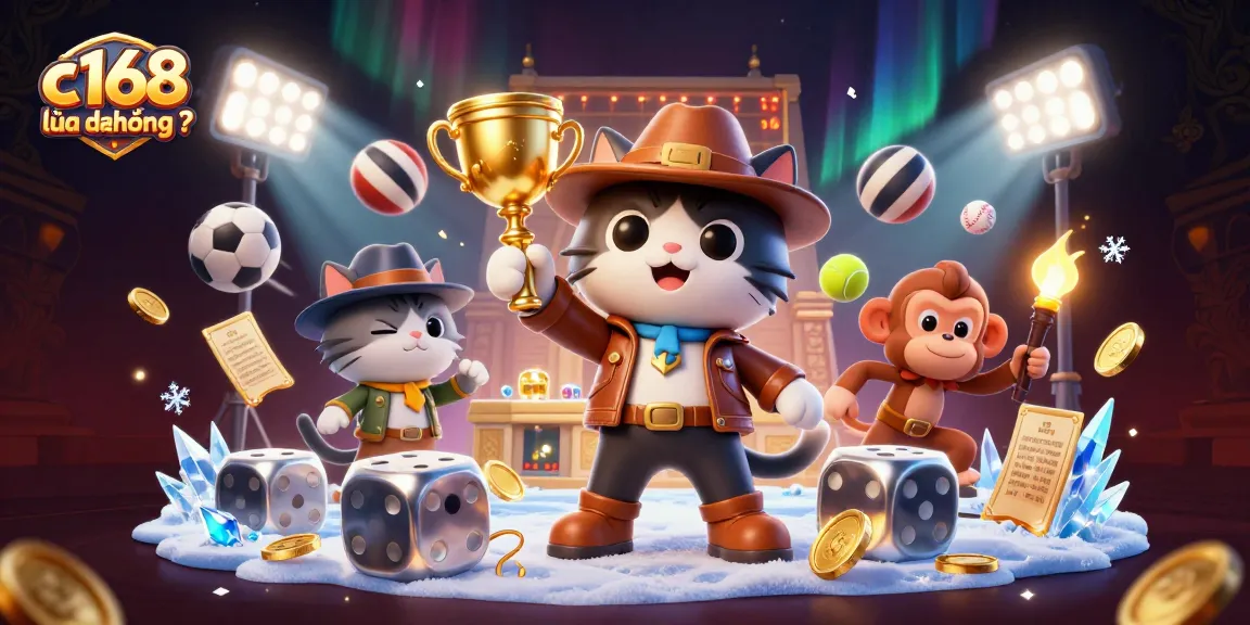 Engage with c168 lừa đảo không ? as an explorer cat discovers a golden casino artifact surrounded by dynamic gaming elements.