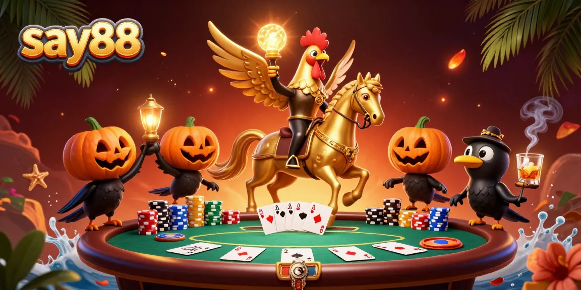 Engage with say88's vibrant casino scene featuring a golden rooster and friends, capturing the thrill of gaming.