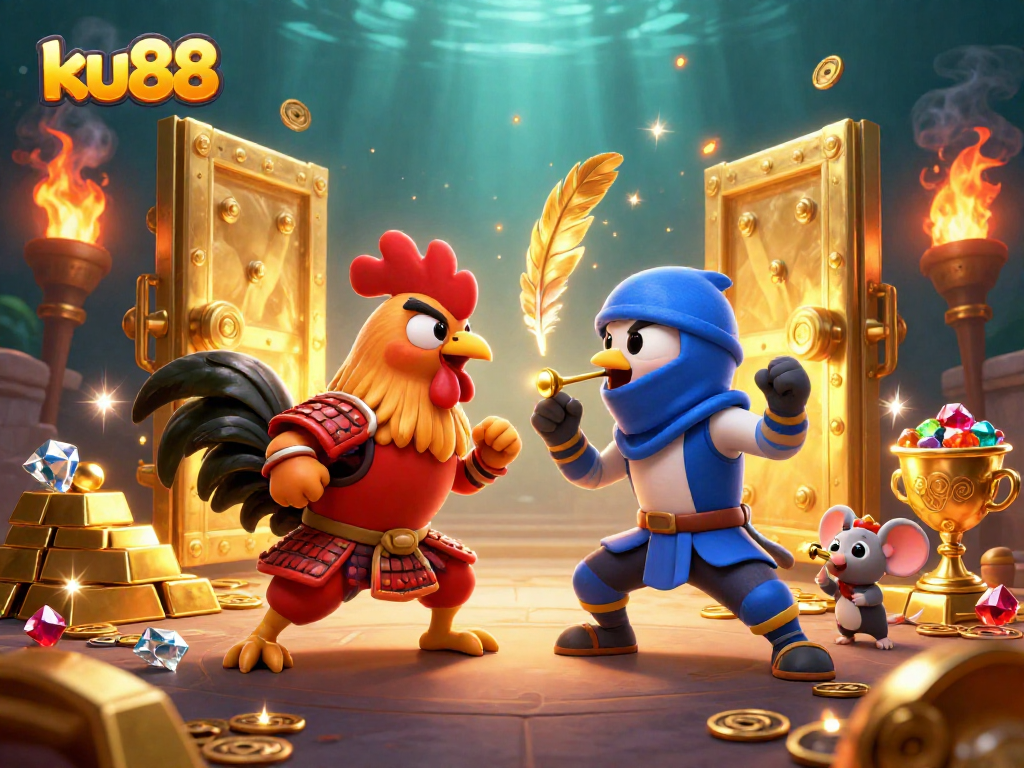 ku88 engaging in an epic rooster battle, showcasing vibrant colors and dynamic elements of exciting online gambling.