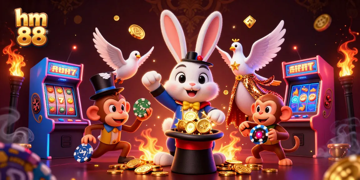 hm 88 showcases a thrilling casino scene with animated characters engaging in play, featuring golden coins and poker chips.