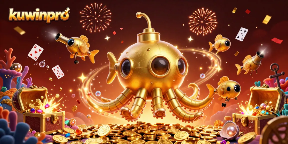 Spin the slots with kuwinpro's golden kraken and sparkling treasure in an underwater casino scene.