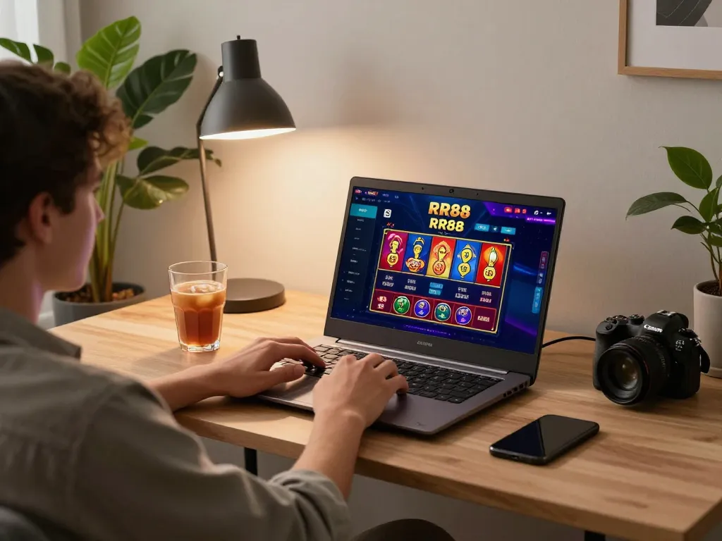 Player engaging with RR88 online casino on laptop at stylish home desk, showcasing gaming strategy.