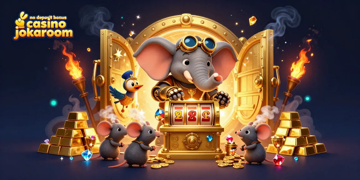 No deposit bonus casino jokaroom promoting a vibrant 3D steampunk scene with a playful elephant engineer at a golden slot machine.
