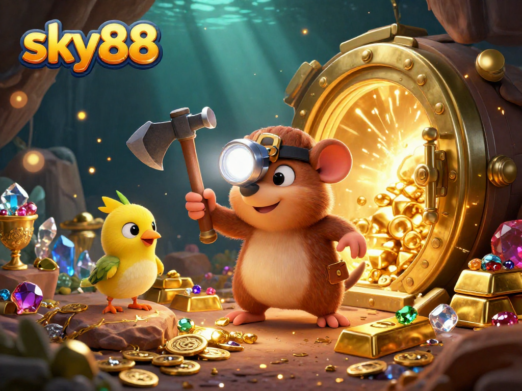Experience thrilling adventures with sky88 and a treasure-hunting mole in a dazzling 3D casino scene.