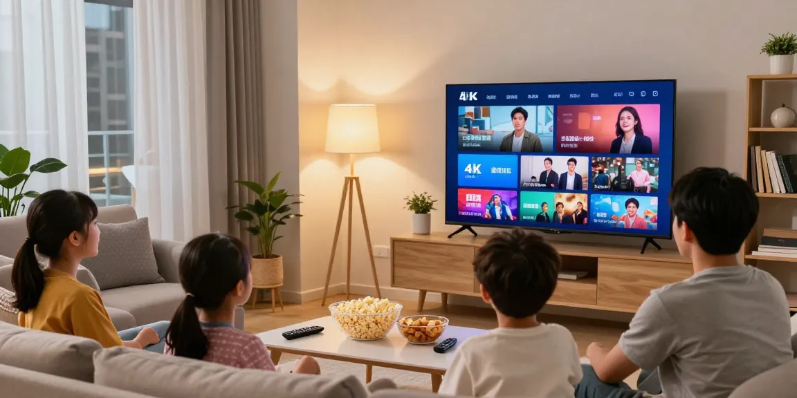 Familj som njuter av IPTV Nordic-streaming i ett livligt, mysigt vardagsrum