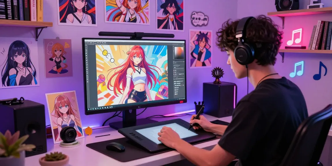 Creating ai hentai art in a vibrant digital studio with neon lighting, showcasing character designs and anime styles.