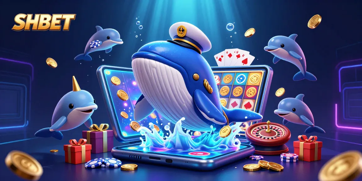 Experience SHBET's vibrant world of online gambling with a cartoon whale and dolphins in a dynamic casino scene.