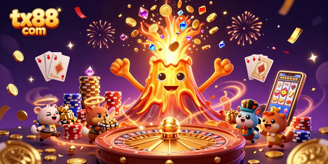Win big with tx88 com's exhilarating gaming experience, featuring a vibrant eruption of coins and gems.