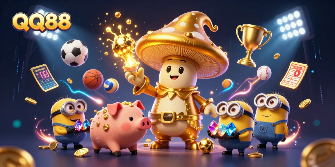 Experience the magic of QQ88 with a wizard turning elements to gold amidst vibrant sports action.