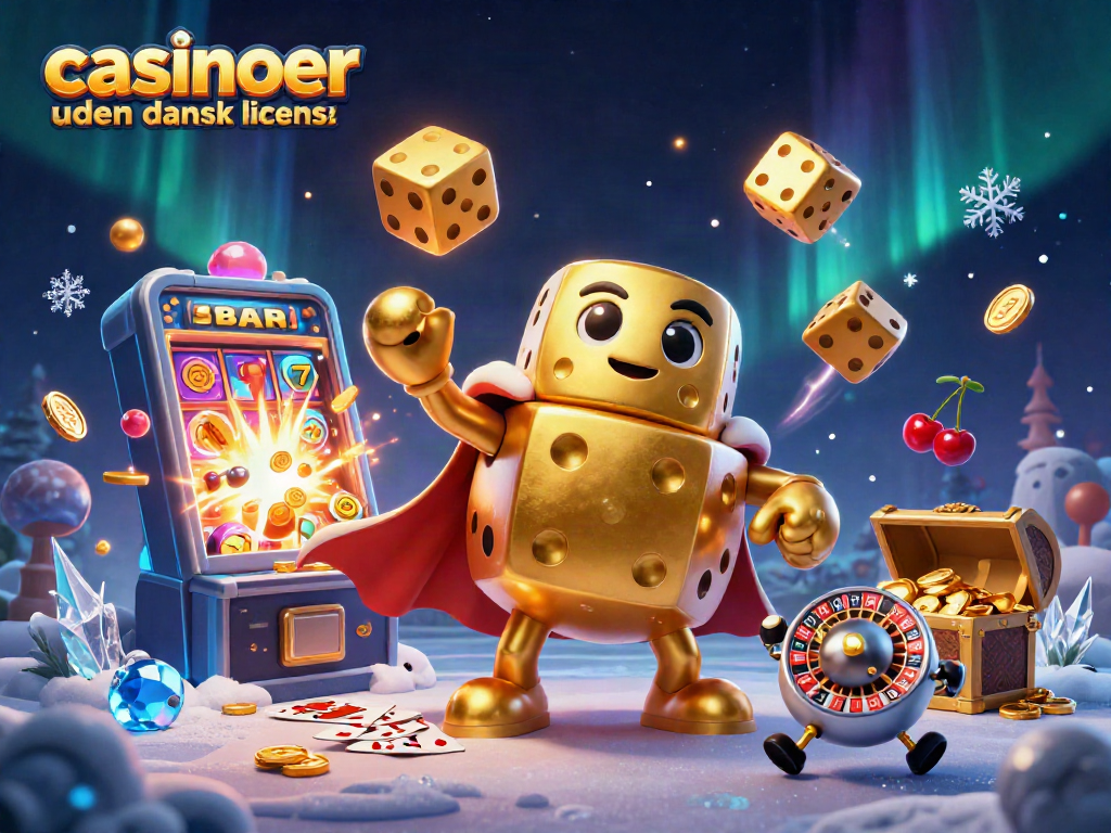 Experience the excitement of casinoer uden dansk licens with golden dice, slot machines, and vibrant game elements.