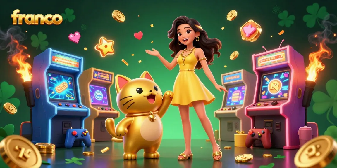 Engage with thrilling gameplay at Franco's casino, featuring a joyful Asian woman with lucky cat and vibrant gaming elements.