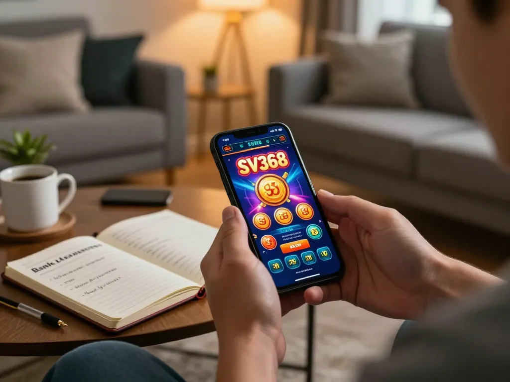SV368 player enjoying online casino gaming on smartphone in a cozy living room atmosphere.
