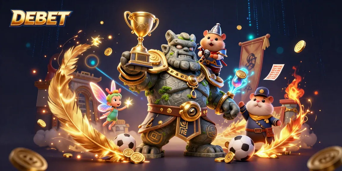 Engage with DEBET at an animated casino featuring a stone golem, while sports betting elements abound.