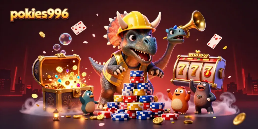 Engage in thrilling gaming with pokies996 as characters build poker chip towers amid vibrant elements.