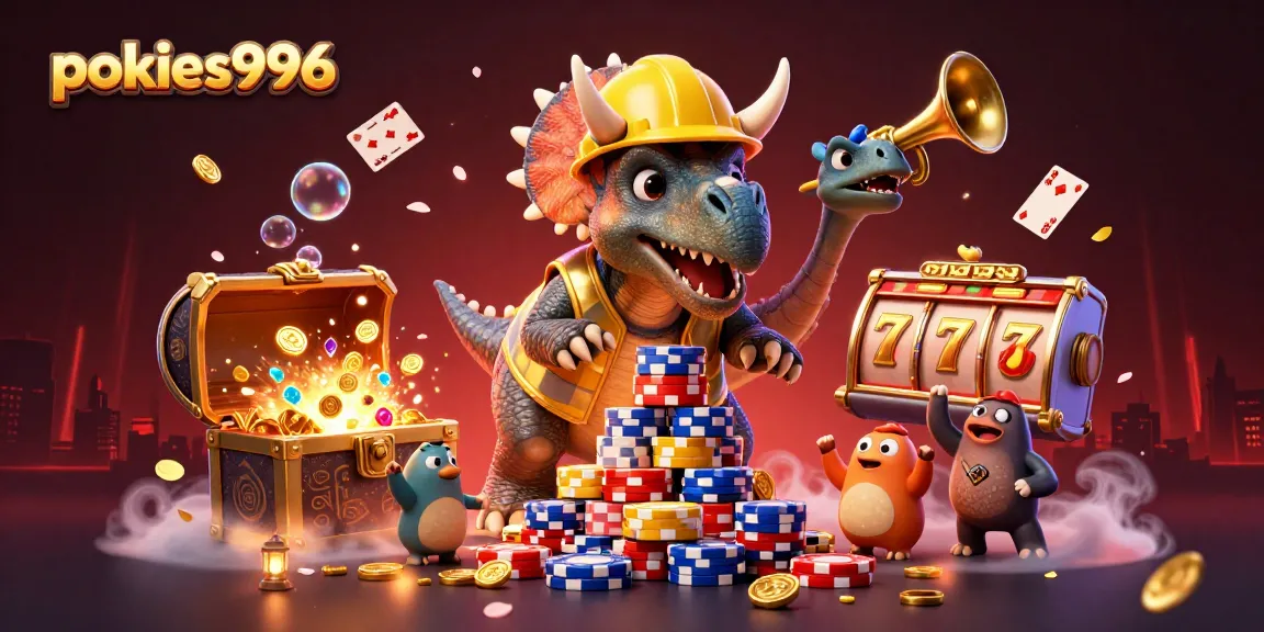 Engage in thrilling gaming with pokies996 as characters build poker chip towers amid vibrant elements.