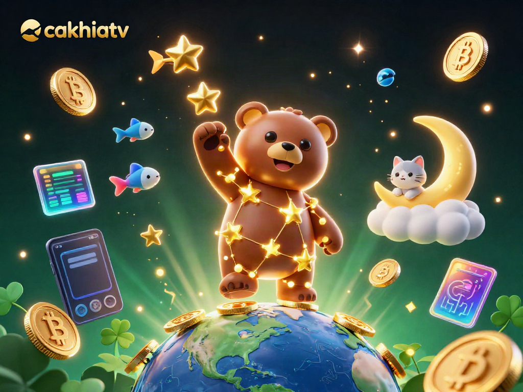 Cakhiatv constellation bear collecting coins, crypto theme, vibrant and dynamic!