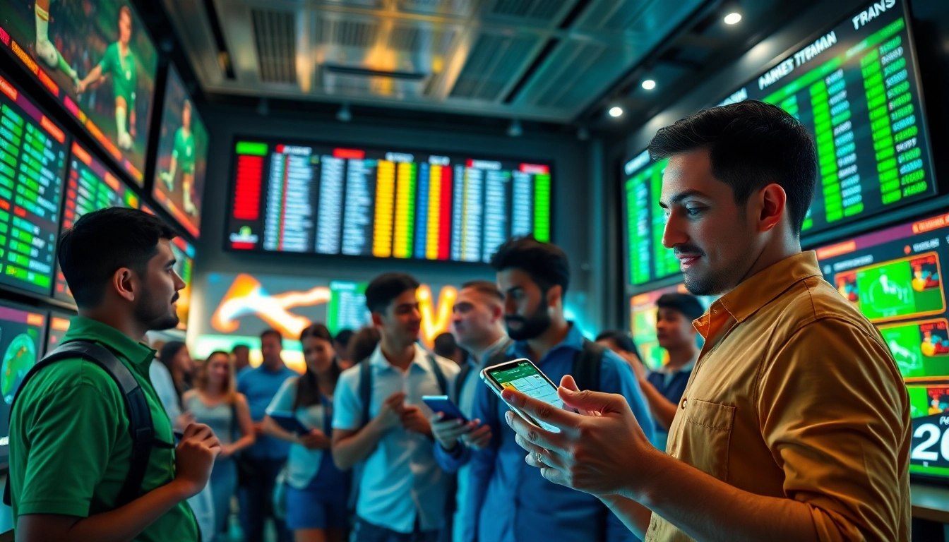 Dynamic scene of sports betting with keo nha cai odds displayed on digital screens.