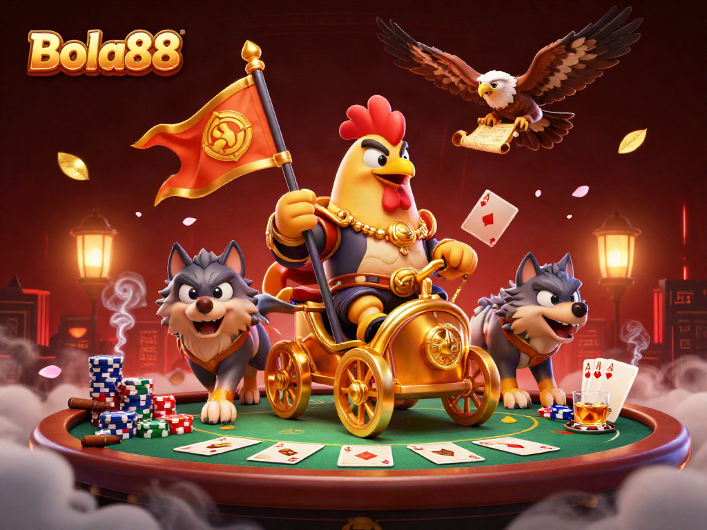 Bola88 brings excitement to poker with a rooster warlord commanding a vibrant casino scene.