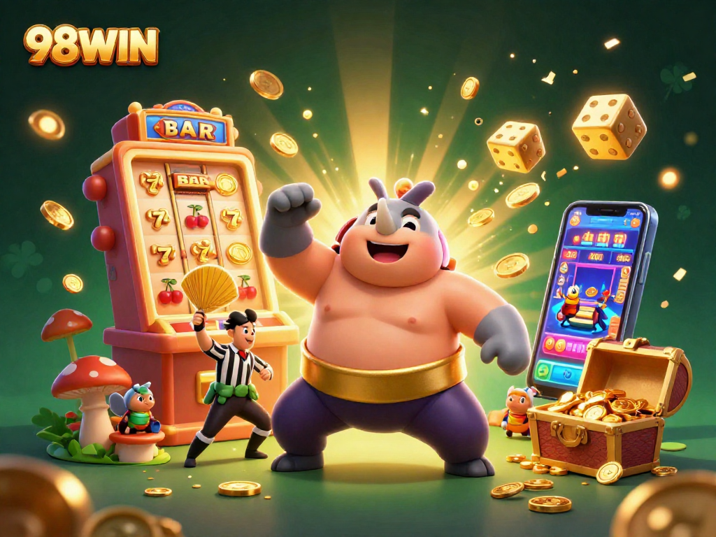 Engage in thrilling gameplay at 98WIN with a vibrant casino scene featuring iconic symbols.