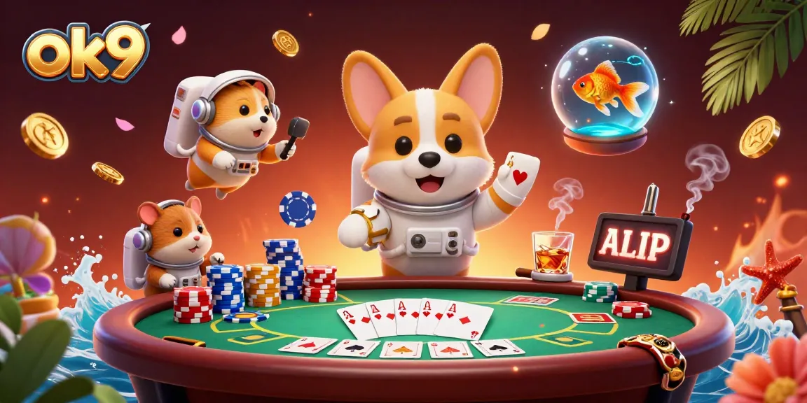 Engage with the thrilling moment at ok9’s casino as a corgi astronaut navigates a floating poker table.