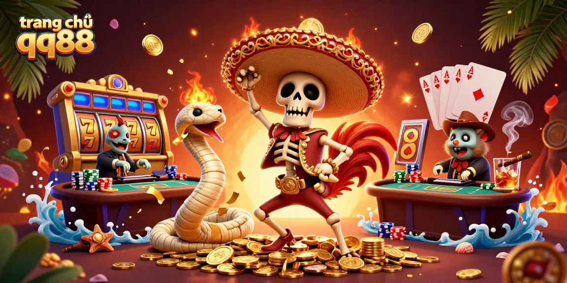 Experience the vibrant scene of trang chủ qq88 with a skeleton, mummy, and DJ amidst gambling icons.