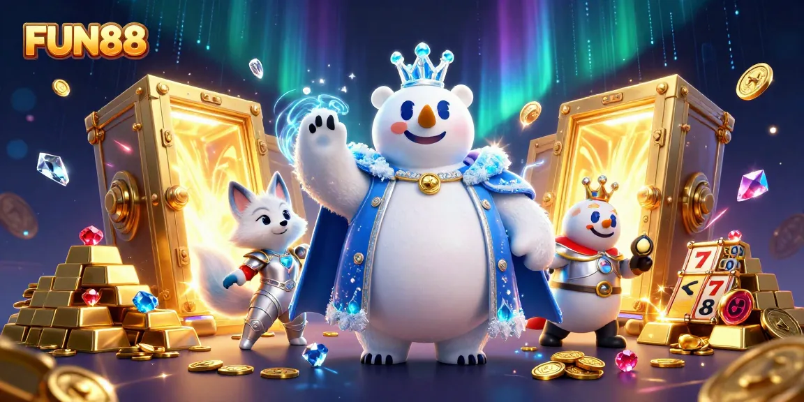 Engage with FUN88 in this vibrant 3D scene featuring a polar bear and snow fox amidst treasures and slot machines.