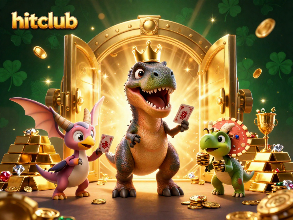 Engage with hitclub's fun casino scene featuring a T-Rex shuffling cards and a baby triceratops stacking chips.