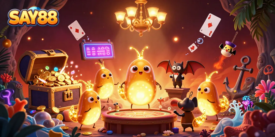 SAY88 illuminates a vibrant casino scene with glowworms and treasures, showcasing exciting gambling elements.