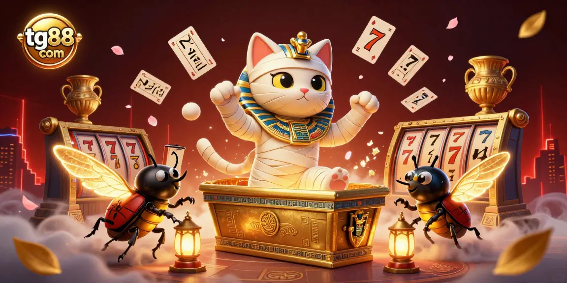 Win big with tg88 com: Captivating Egyptian-themed casino scene featuring a mummy cat and rich gaming elements.