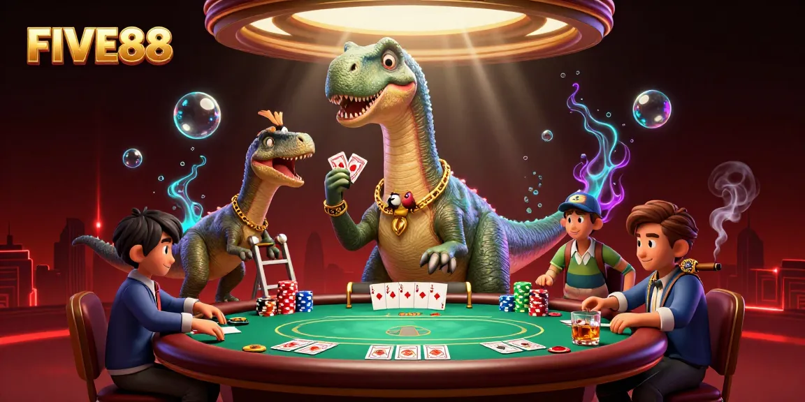 Engage in the vibrant world of FIVE88 with a dynamic casino scene featuring a giant brontosaurus and clever raptor.