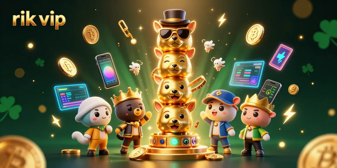 Engage with rik vip through an energetic casino illustration featuring vibrant characters and crypto elements.
