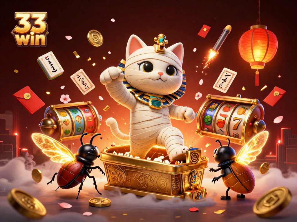 33 win illuminates an exciting casino scene with a mummy cat and vibrant gambling elements.