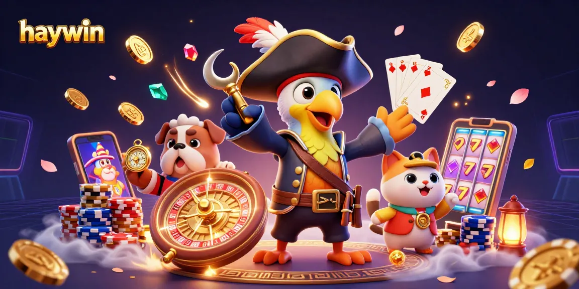 Experience adventure at haywin casino with 3D illustrated characters amid dynamic gaming elements.