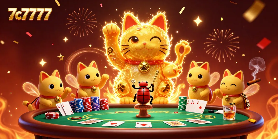 Engage with the vibrant 7c7777 lucky cat illustration showcasing dynamic casino elements and colorful gambling action.