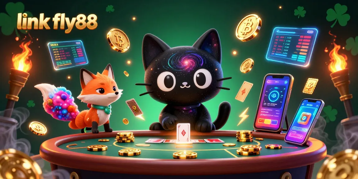 Engage with the captivating link fly88 experience as a black hole cat draws in golden chips and cards in 2026.