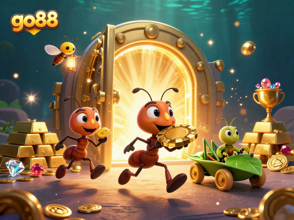 go88 illustration of ants with massive poker chip amidst treasure vault and gems.
