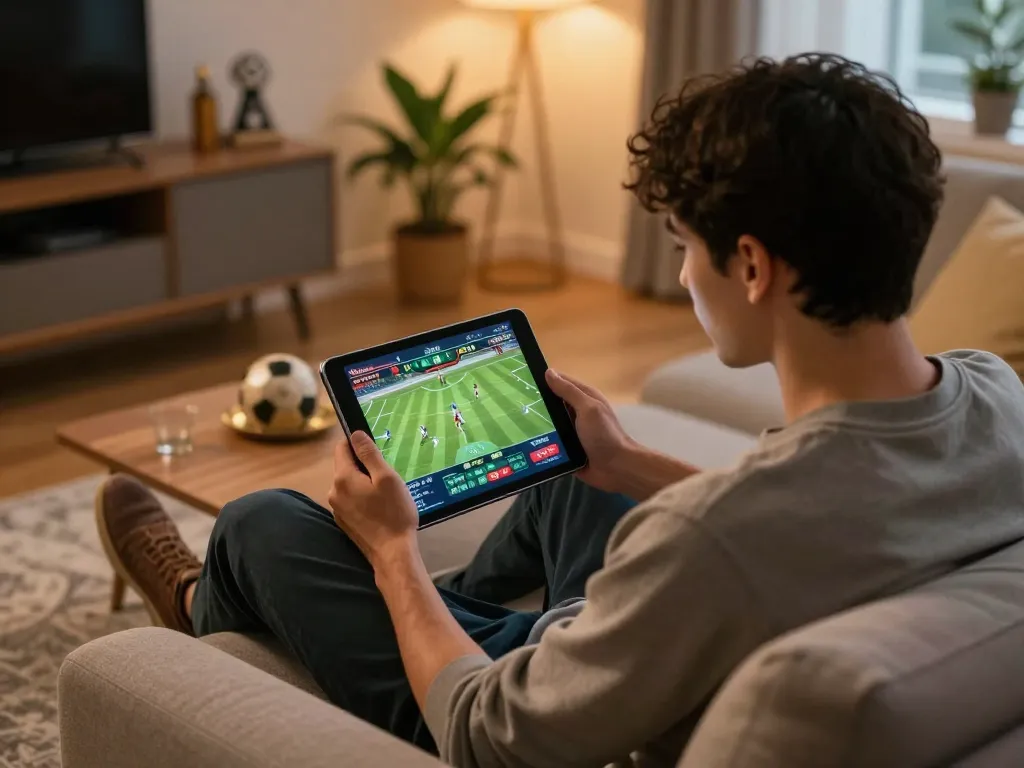 Engaged user placing a bet through the 3win sports app in a cozy living room.